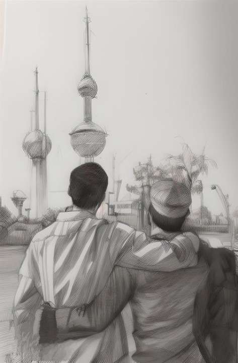 Turath founders, Benji and Brice, looking at the Kuwait Towers with hope and ambition.